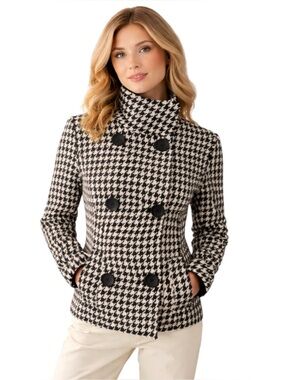 Guess Houndstooth Wool Blend Coat Double Breasted Tailored Chic Fall Jacket